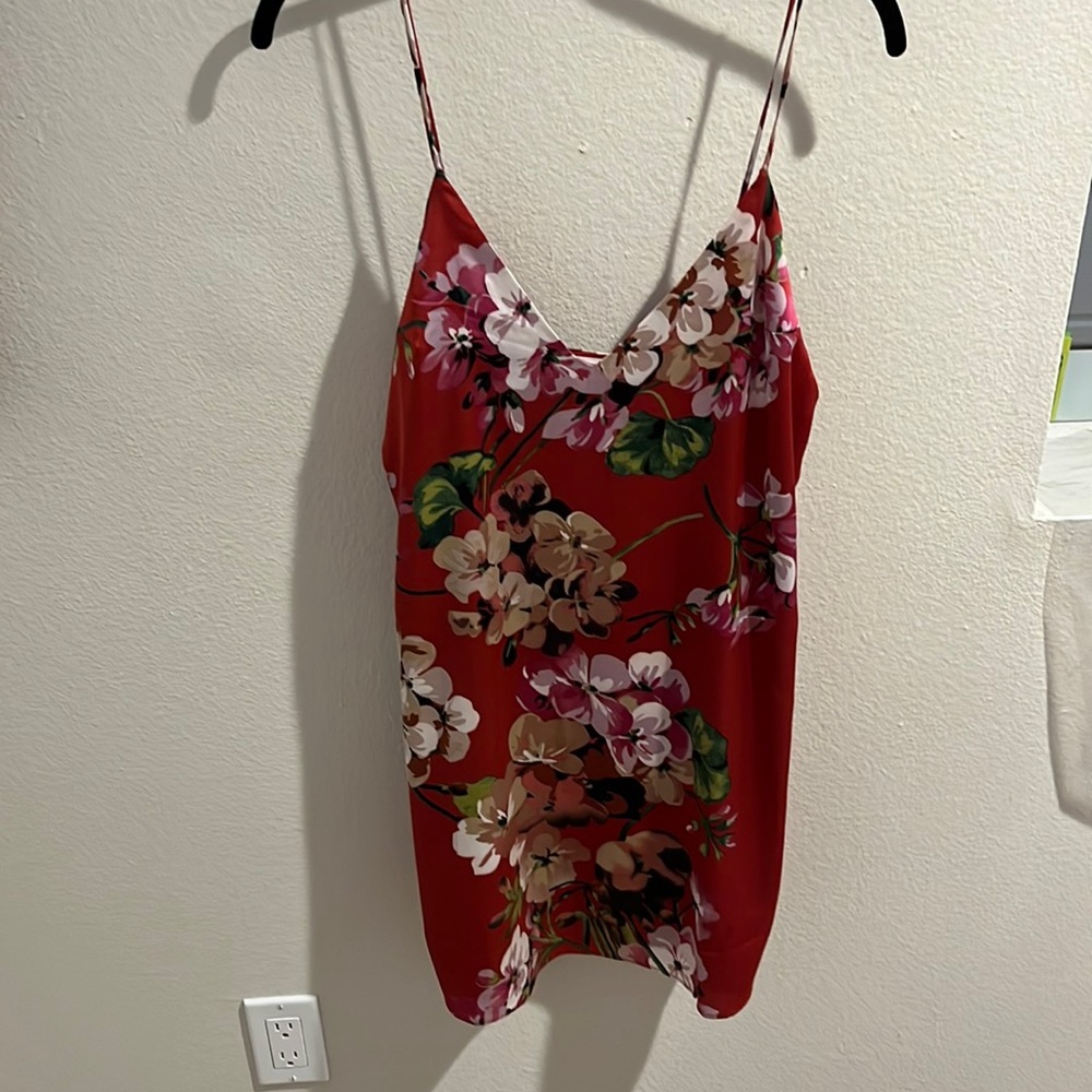 Dark red silky floral dress